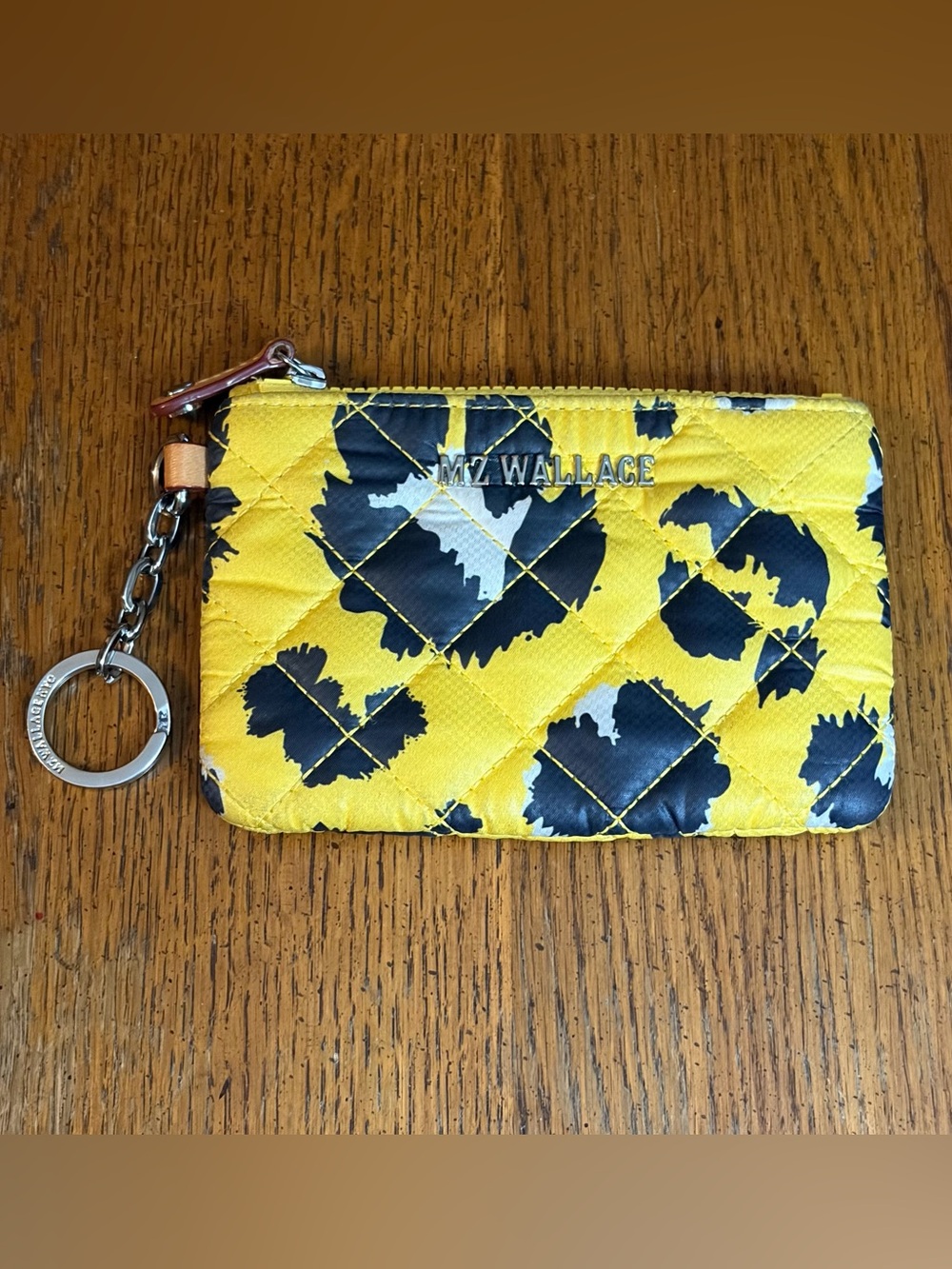 MZ Wallace Yellow black Leopard Print Quilted Nylon Metro Key Fob Pouch Wallet
